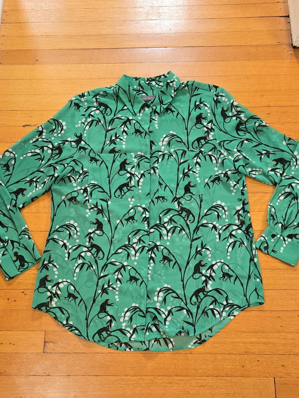 Mint Velvet, Monkey Print Button-Down Sheer Blouse, Green, EUC, Women's 14